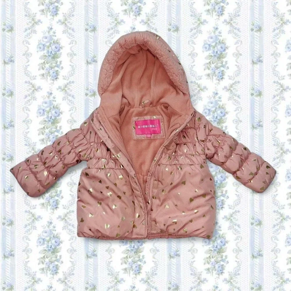 Wippette Kids Pink Puffer Coat Shiny Gold Hearts Faux Fur Lined Hood Toddlers - Picture 1 of 5